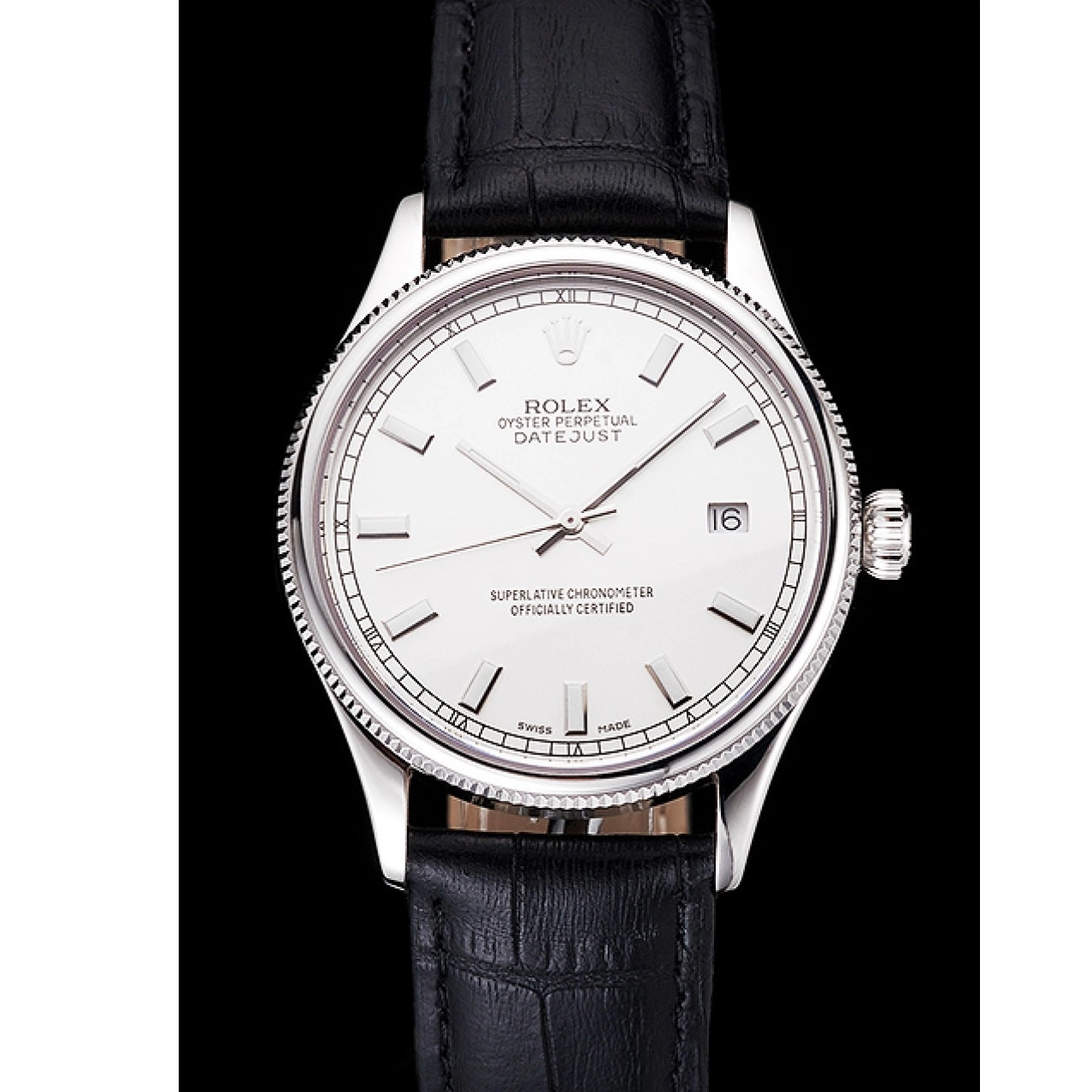 Good copy rolex watches Leather Case Datejust Stainless Dial Swiss Black White Strap Rolex Steel 0725
